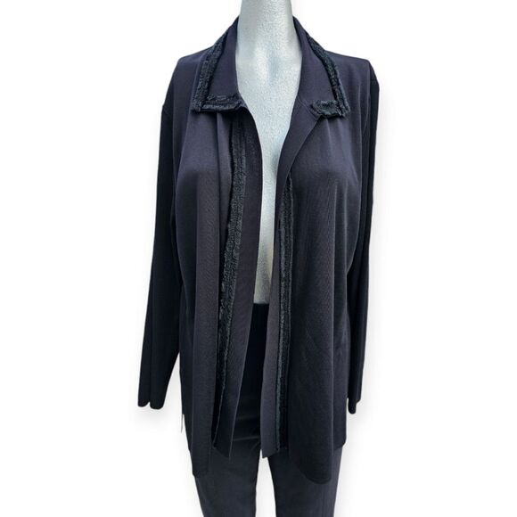 Misook Jacket Womens Medium Black Lux Collared Textured Trim Minimalist Cardigan - Picture 3 of 12